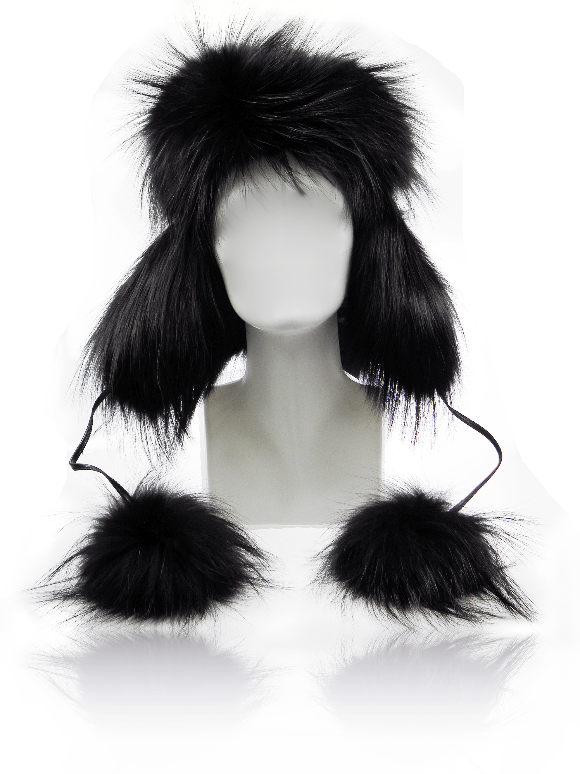 FurLand Pilotenmütze - USHANKA BLACK RACCOON - mit Pom Pom's