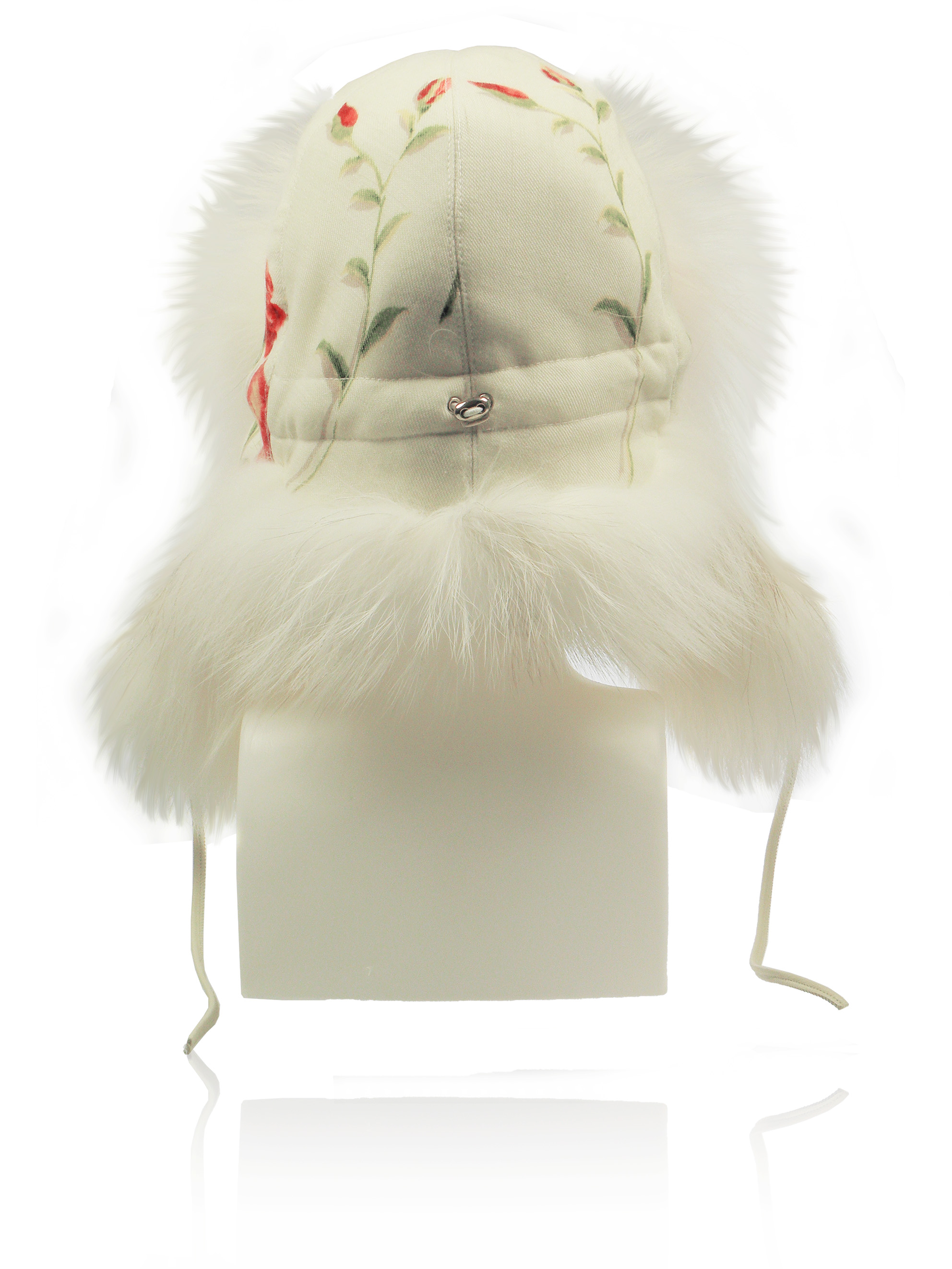 FurLand Pilotenmütze - USHANKA WHITE RED ROSES - Fuchsfell