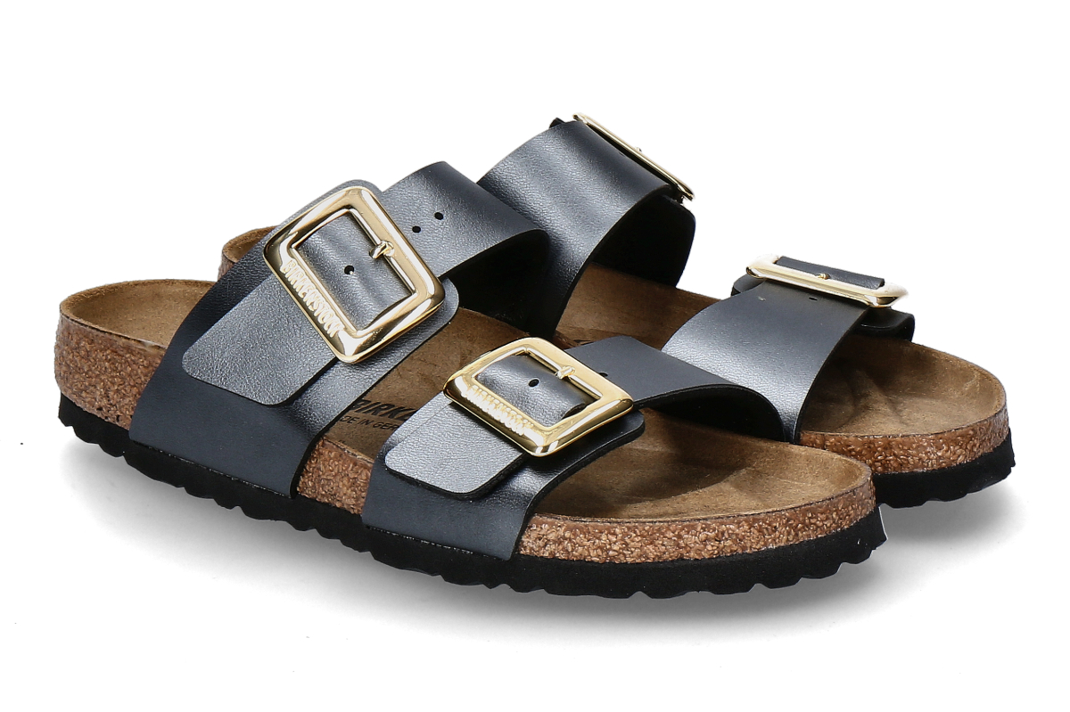Birkenstock Pantolette SYDNEY SCHMAL CUSHION BUCKLE- metallic black/ blau