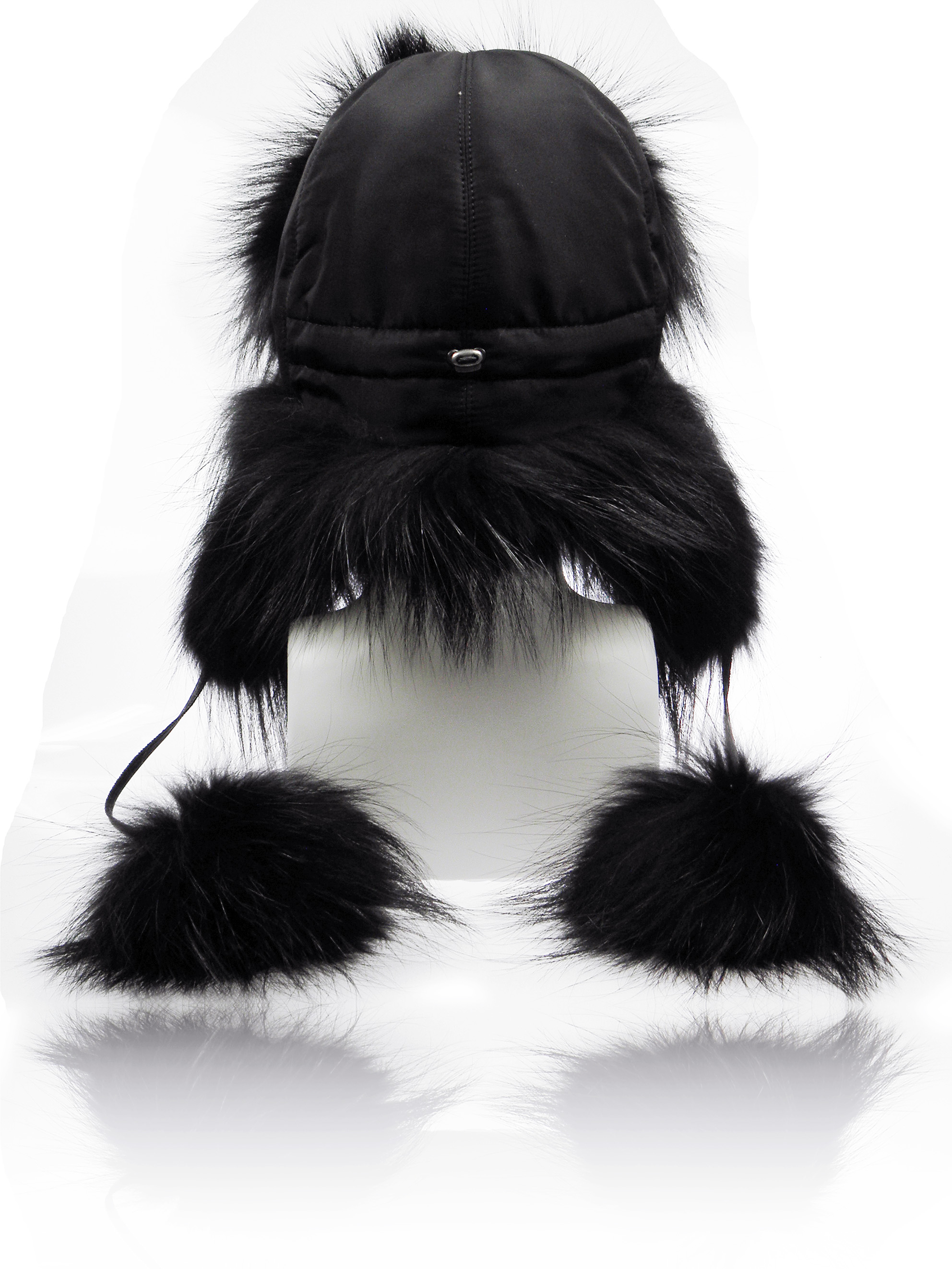 FurLand Pilotenmütze - USHANKA BLACK RACCOON - mit Pom Pom's