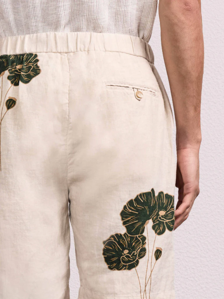 Frescobol Carioca Herren- Leinenshorts FELIPE FLORAL PRINT- ecru/evergreen