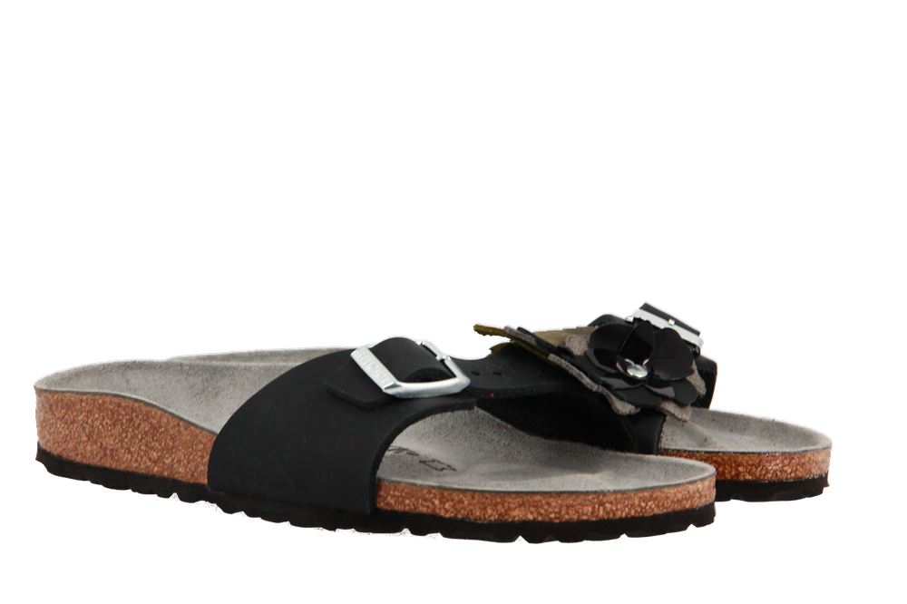 Birkenstock Pantolette MADRID FLOWER SCHMAL NUBUKLEDER BLACK (42)